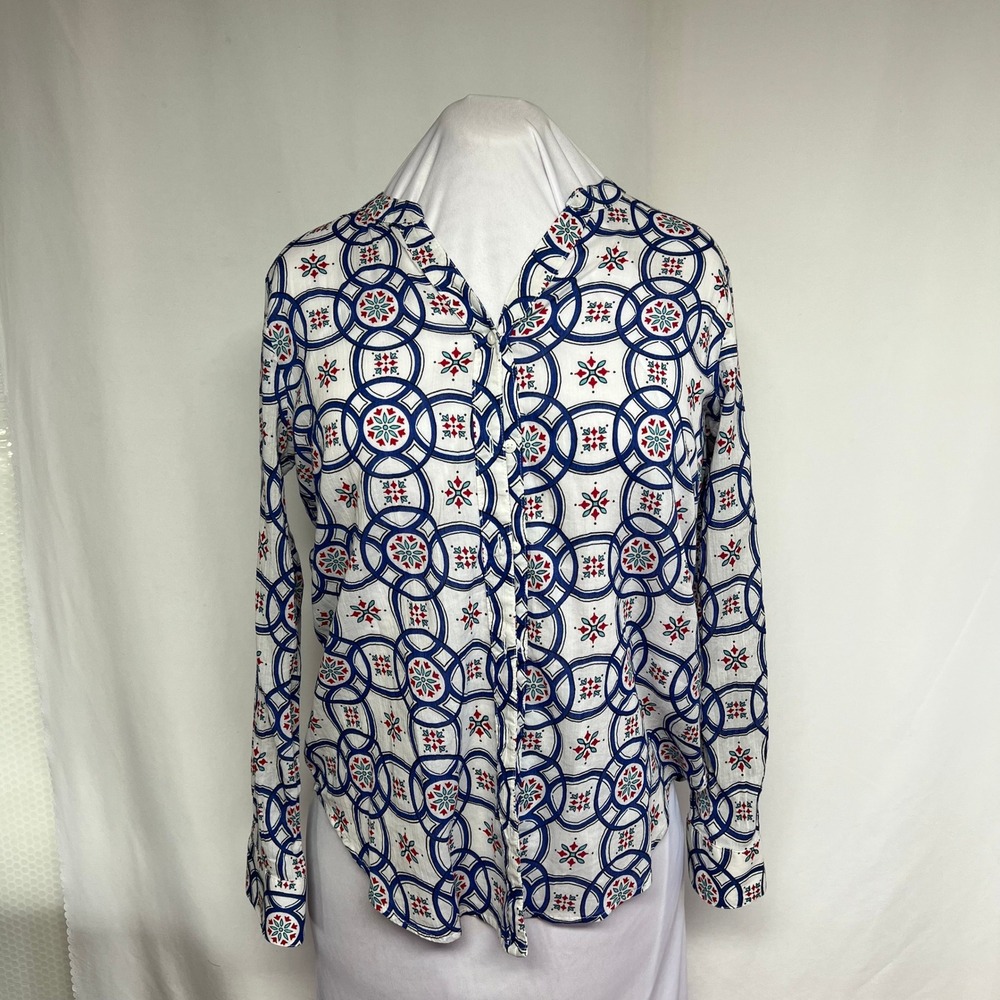 Liz Claiborne‎ Geometric Tile Print Cotton Blouse Size Medium Workwear Top